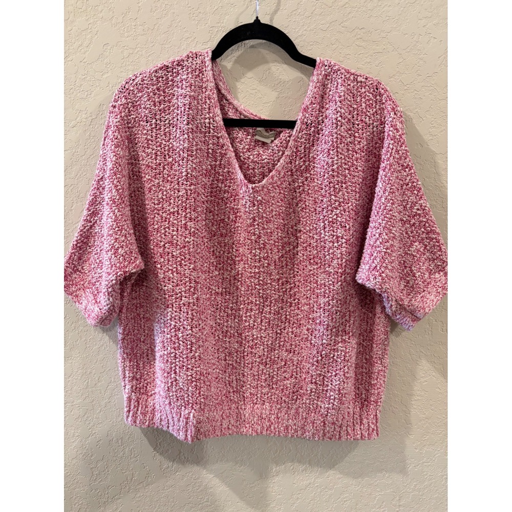 Chicos Pink White Marled Knit V-Neck Short Sleeve Sweater Top Size 2 Large